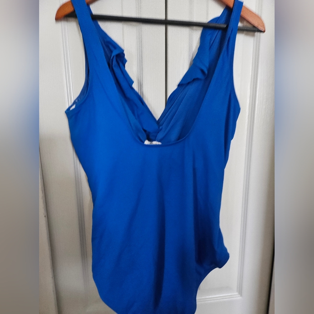 Lauren Ralph Lauren Blue Ruched One-Piece Swimsuit Ruffle Tummy Control Sz 16. - Picture 7 of 10